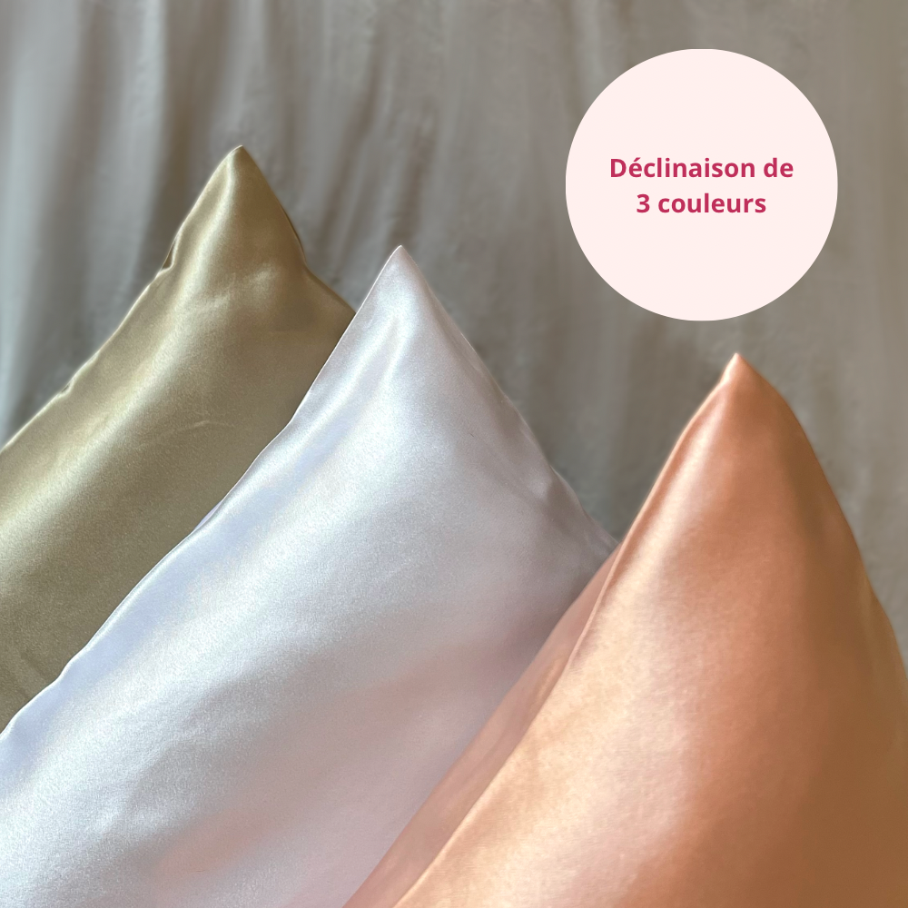 Déclinaison de 3 couleurs de taies d’oreiller en soie de mûrier 22 mommes rose blanc champagne brillant